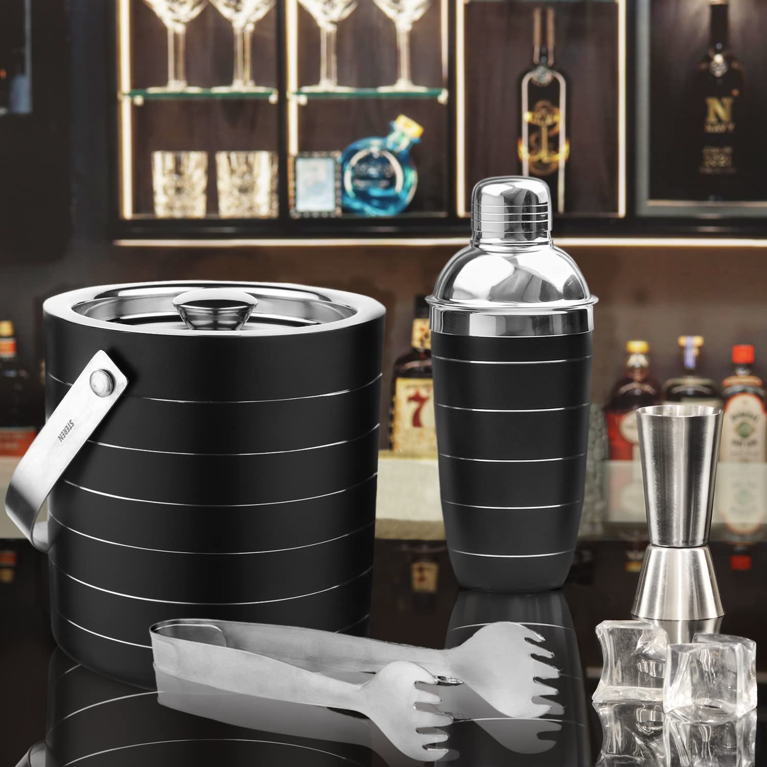 STEREN IMPEX Pack Of 4 Piece Black Ring Bar Set For Drink/Gift, Double Wall - Ice Bucket With Tong, Peg Measurer & Cocktail Shaker