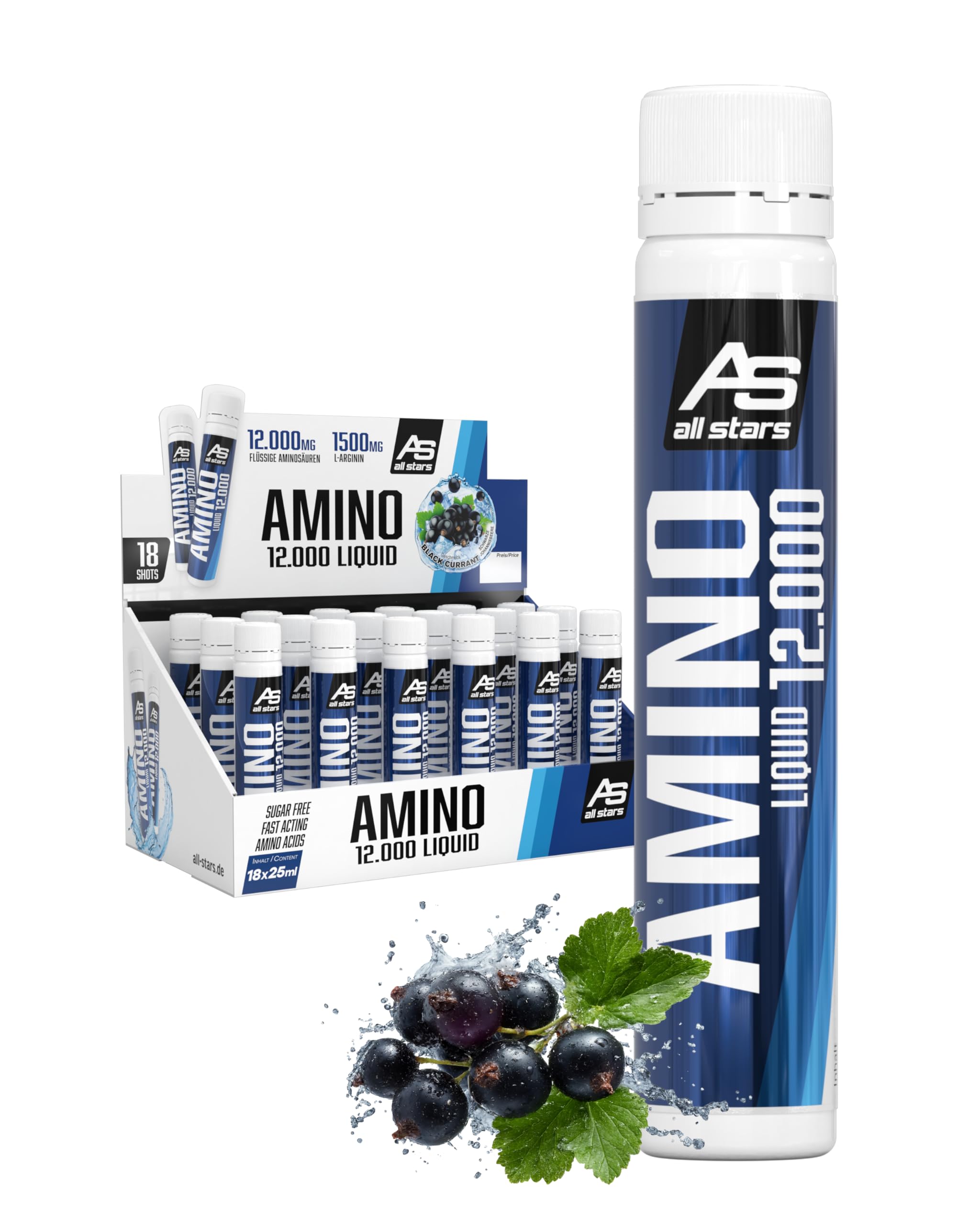 ALL STARS Amino Liquid 18 x 25ml Black Currant - Flüssiger Aminosäuren Komplex hochdosiert 12.000mg mit 12g Protein pro Portion, Nahrungsergänzungsmittel für Sportler