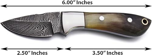 Miniatura 5 de Cuchillo de acero de Damasco hecho a mano para caza, supervivencia, camping, desollado, bushcraft, mango de hueso de cuerno de oveja de espiga