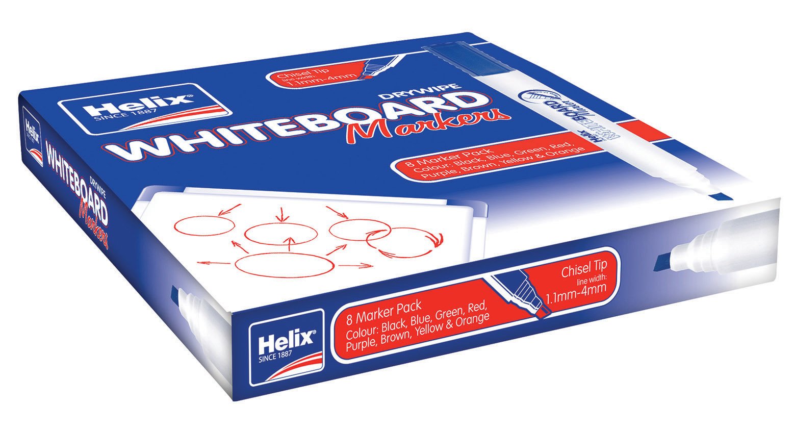Helix Whiteboard Dry Wipe Marker Pens Chisel Tip x8 (Assorted)