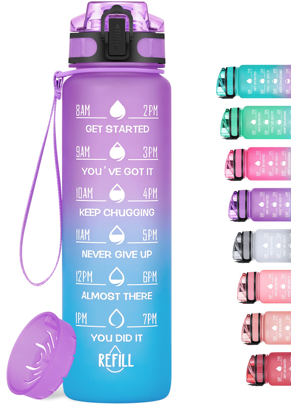 MEITAGIE 32oz Motivational Water Bottle with Time Marker & Fruit Strainer, Leak-proof BPA Free Non-Toxic 1l Bottle with Carrying Strap, Perfect for Fitness