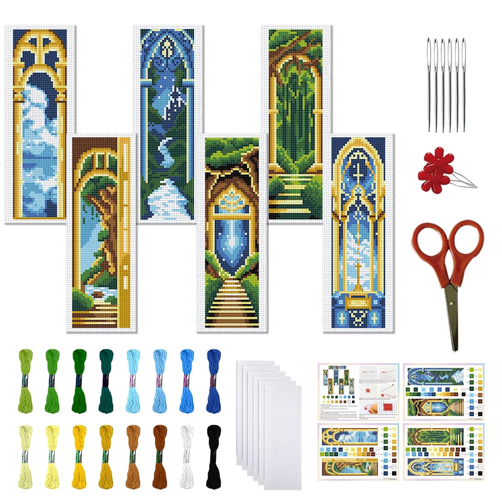 FREEBLOSS 6 Set Cross Stitch Bookmark Kits for Beginner Castle Night View Stamped Cross Stitch Kit DIY Embroidery Bookmark Kit with Instructions 8" x 2.4"