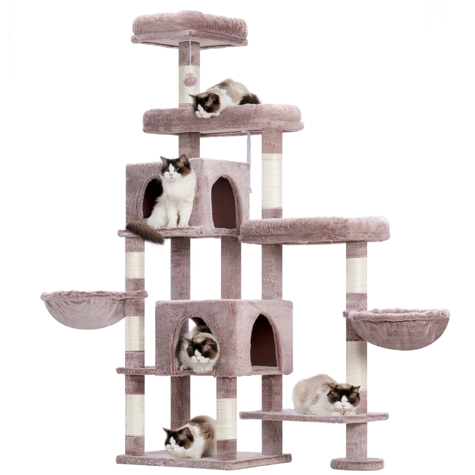 Hey-brother Cat Tree Tower, Scratching Posts with a Extended Part, Wide Platforms, Cozy Condos, Hammocks, Sisal Columns and Ball for Indoor Cats, 180 cm, Blush Pink MPJ038MU