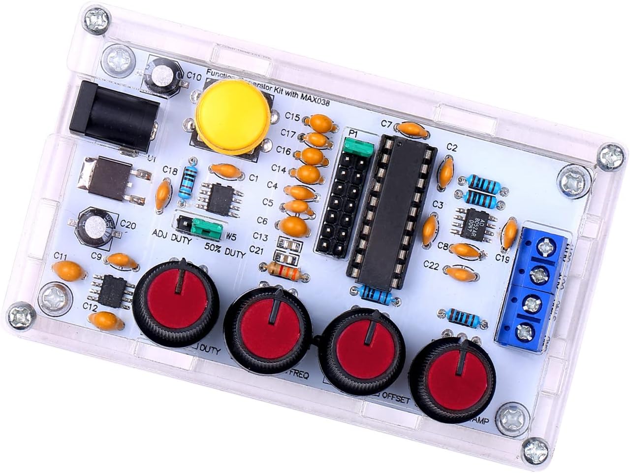 トップ view of the assembled Weytoll Signal Generator Kit, showing the control knobs for frequency, duty cycle, offset, and ampリチュード。