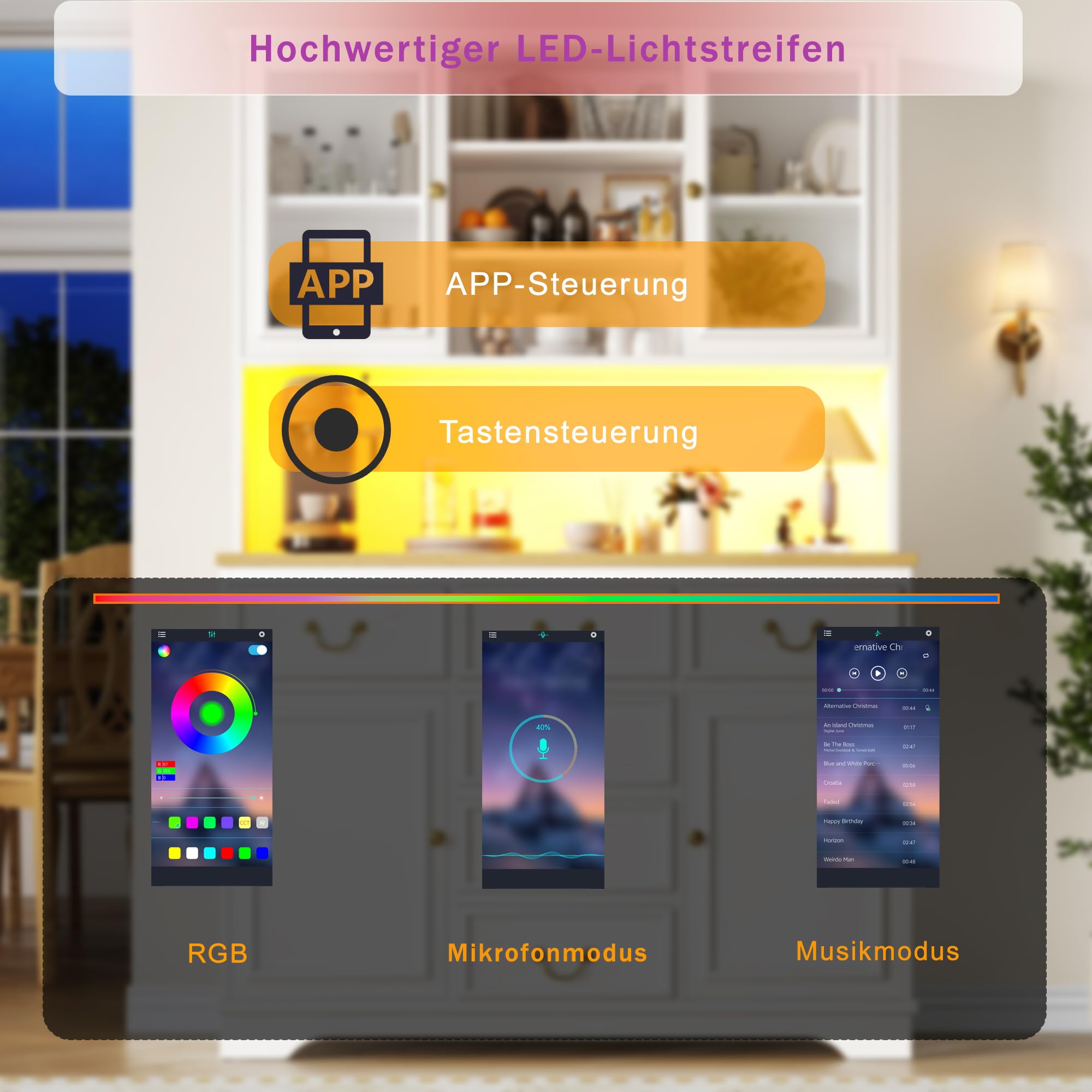 Küchenschrank Hochschrank mit LED,Buffetschrank Esszimmerschrank mit USB-Anschlüssen & Steckdosen,Küche Aufbewahrungsschrank mit Snackregaltüren & Standorte der Mülleimer,118×39.5×180cm