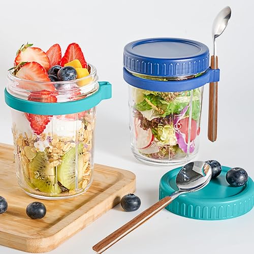 Hoa Kinh - Recipientes de avena con tapas y cuchara, paquete de 2 tarros de vidrio de 16 onzas para avena durante la noche, cereales, leche,