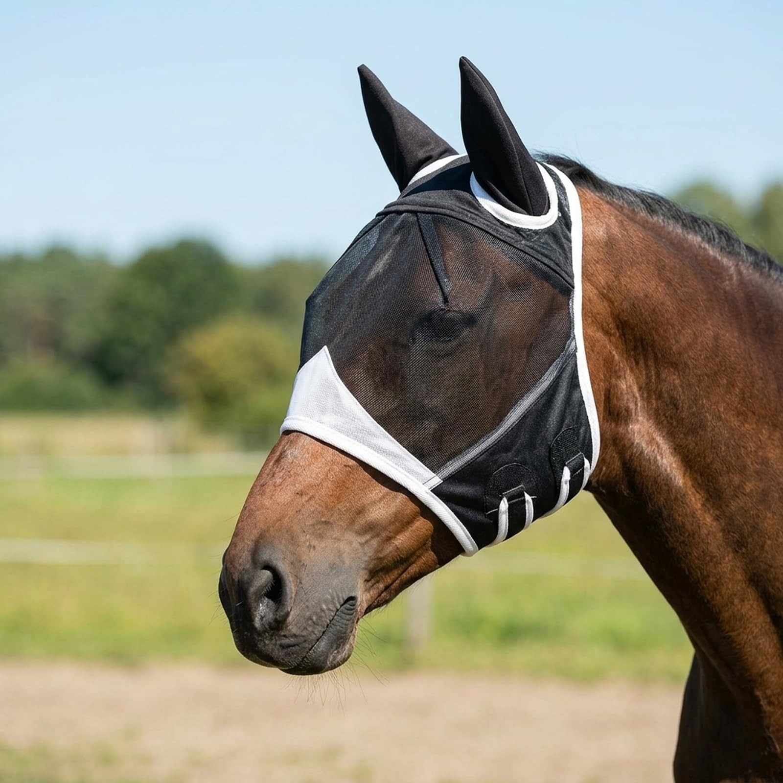 Fly Mask for Horses, Horse Fly Mask with Nose Cover, Lycra Fly Mask for Horses, Mini Shetland Fly Mask, Black Size S with Hook and Loop Fastening