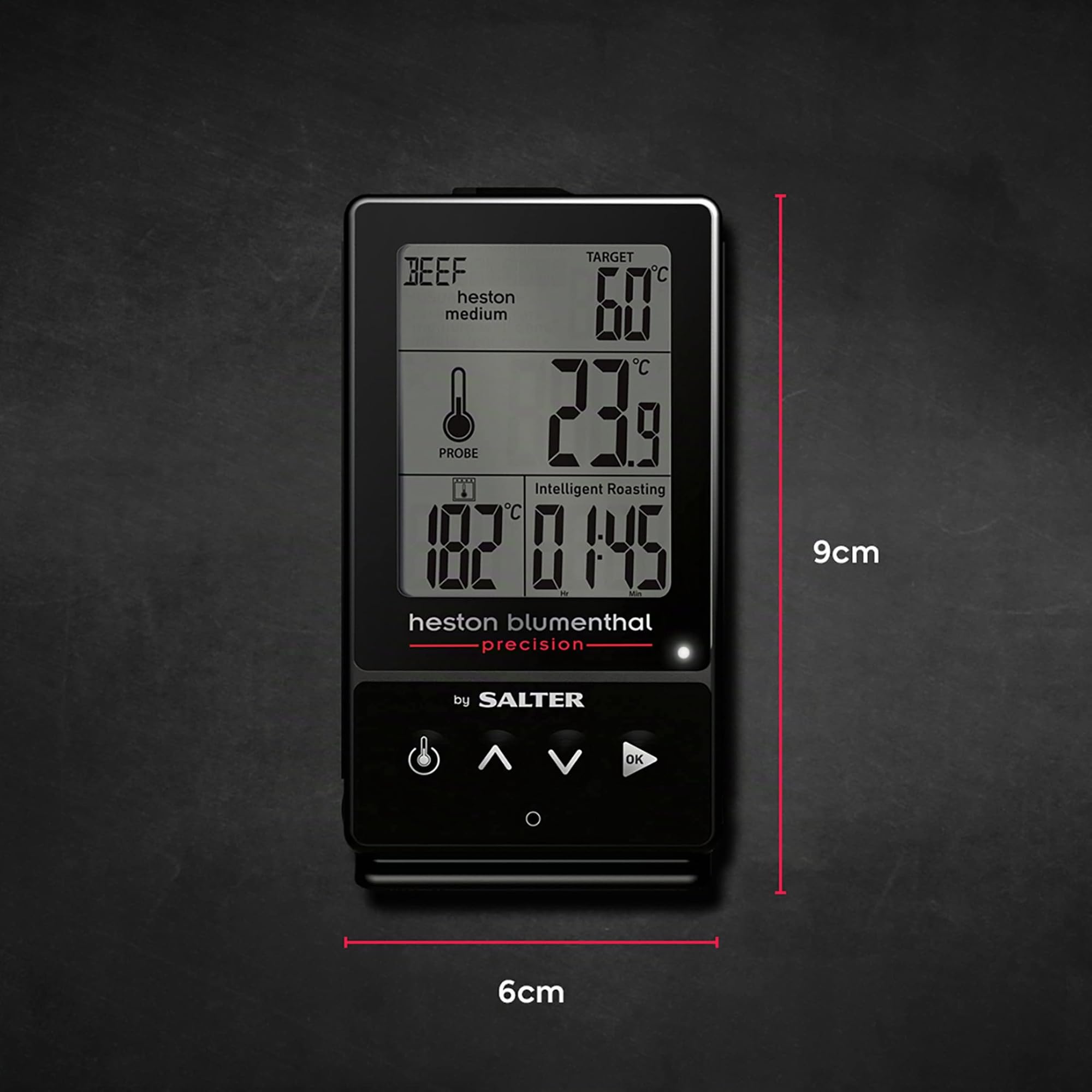 Salter 540A HBBKCR Termómetro Digital 5 En 1 Con Precisión de 0,1 °C, De La Colección Heston Blumenthal Precision, Mide Hasta 5 Veces Más Rápido, Sonda De 14.5 cm, Pinza Para Bandejas Incluida, Negro