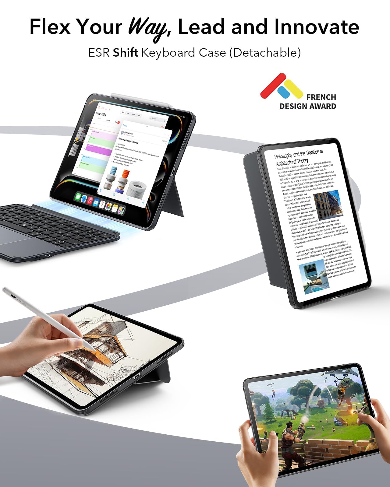 ESR Hülle mit Tastatur für iPad Air 11" (M4/M3/M2) & 10,9" (5/4. Gen) – Magnetisch abnehmbare Keyboard, Hoch- und Querformat, großes Click-Anywhere-Trackpad, Backlit Tasten, Shift Serie, Dunkelgrau
