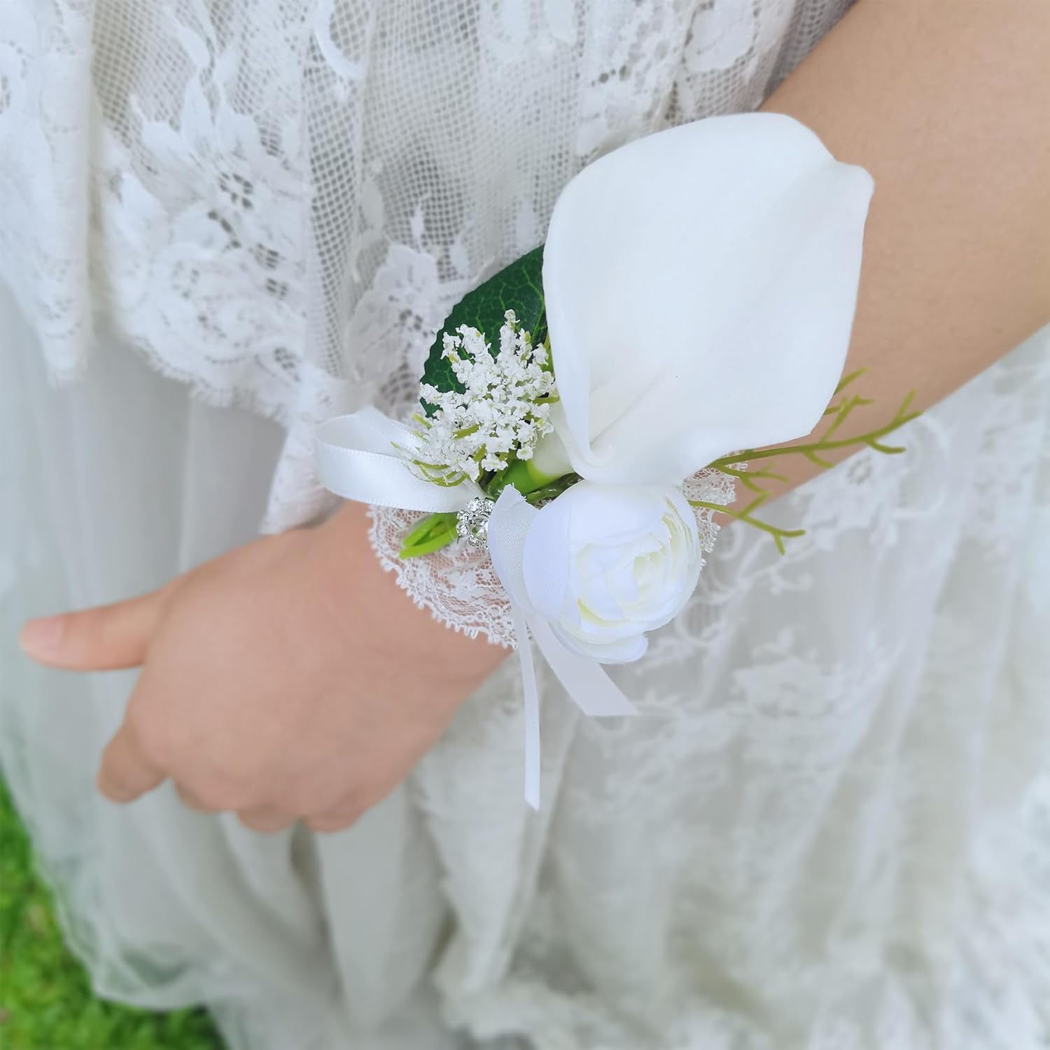 YIFUwedding Bride and Groom's Chest Flower, Wrist Flower (6 White Wrist Flower)