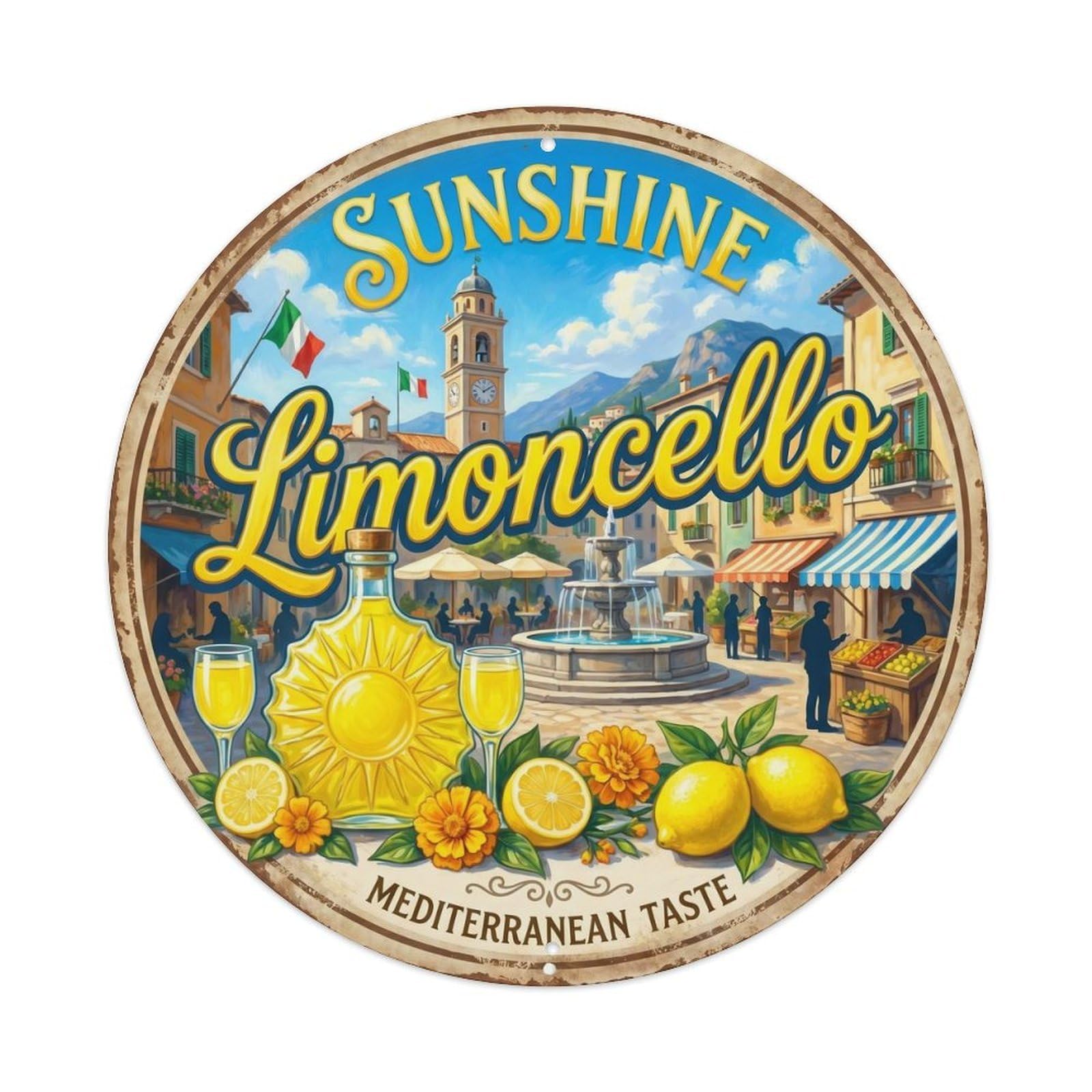 Fqcyn Style Sunshine Italian Limoncello Metal Tin Sign Plaque Wall Decor For Cafe, Club Bar, Office, Home Garden Round Metal Poster 8X8inch