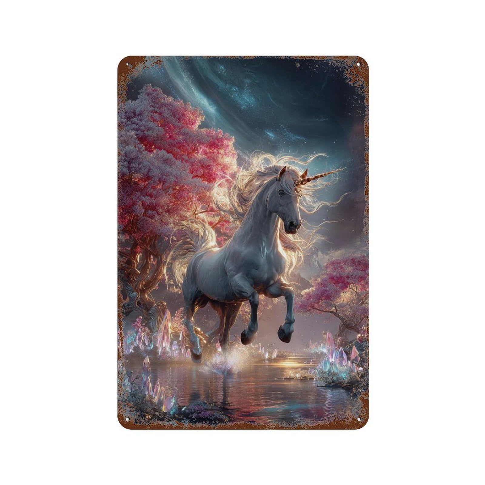 Rusty Metal Tin Sign Enchanted Unicorn Forest -1 11.8"x7.9", Rustic Home Decor for Shed, Workshop And Garage Wall Decor