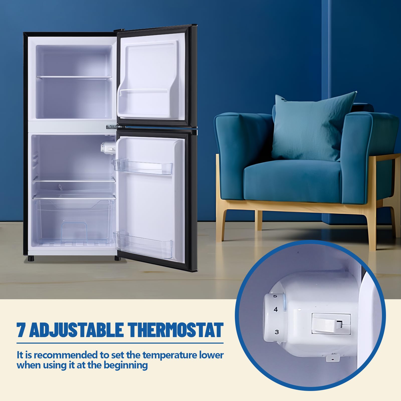 Demuller 3.88 Cu.Ft Capacity Refrigerator With Freezer Double Door Mini Fridge Small Refrigerator With 7 Adjustable Temp Control & 3 Glass Shelves For Kitchen Office Dorm Black on Fridge.com - View 5