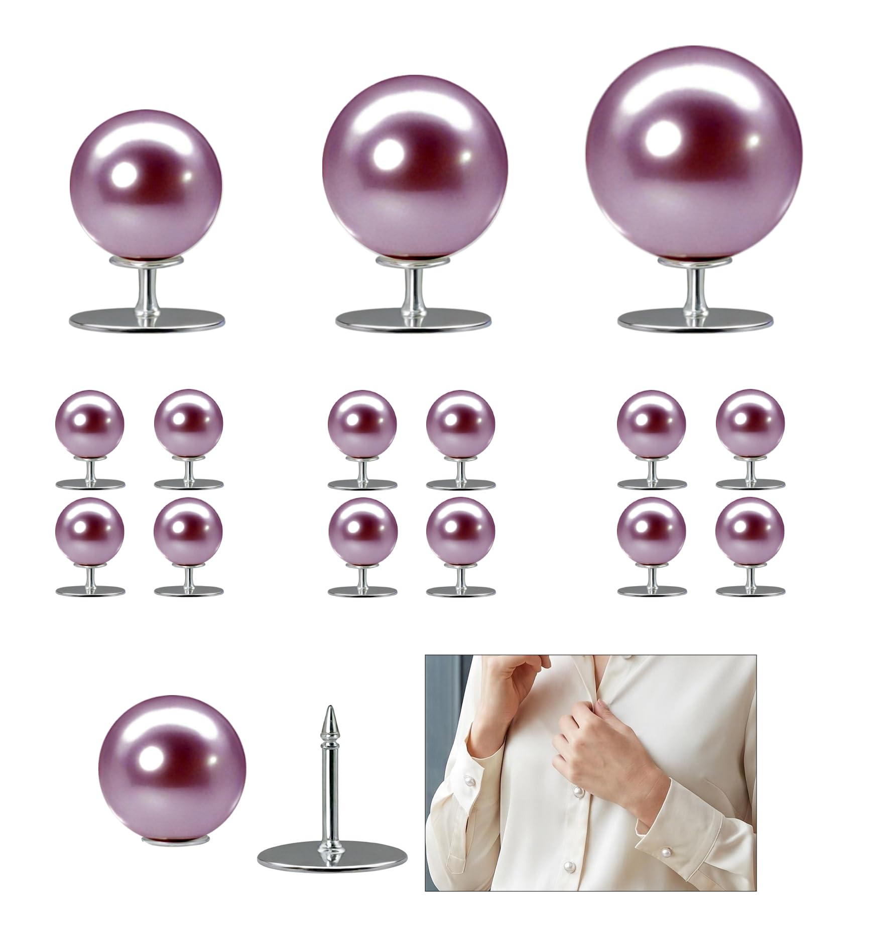 Broches para Ropa Mujer, Botones Perla sin Coser Camisa Decorativos Blancos, Pearl Buttons para Blusas Broche (Purple, Mixed Size*12)