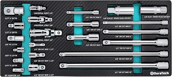 DURATECH 22-Piece Drive Tool Accessory Set, Including 1/4 3/8 1/2 Extension Bars, Socket Adapters, Universal Joints, Spark Plug Sockets, Professional Socket Accessories, Cr-V Steel, EVA Foam