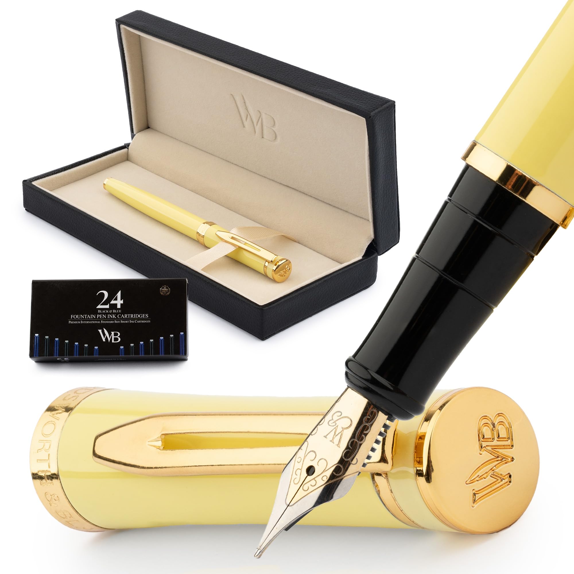 Wordsworth & Black Fountain Pen Set, 18K Gold Plated Medium Nib, 24 Pack Ink Cartridges, Includes Ink Refill Converter & Gift Box, Gold Finish, Calligraphy, [Yellow], Perfect for Men and Women : Offic