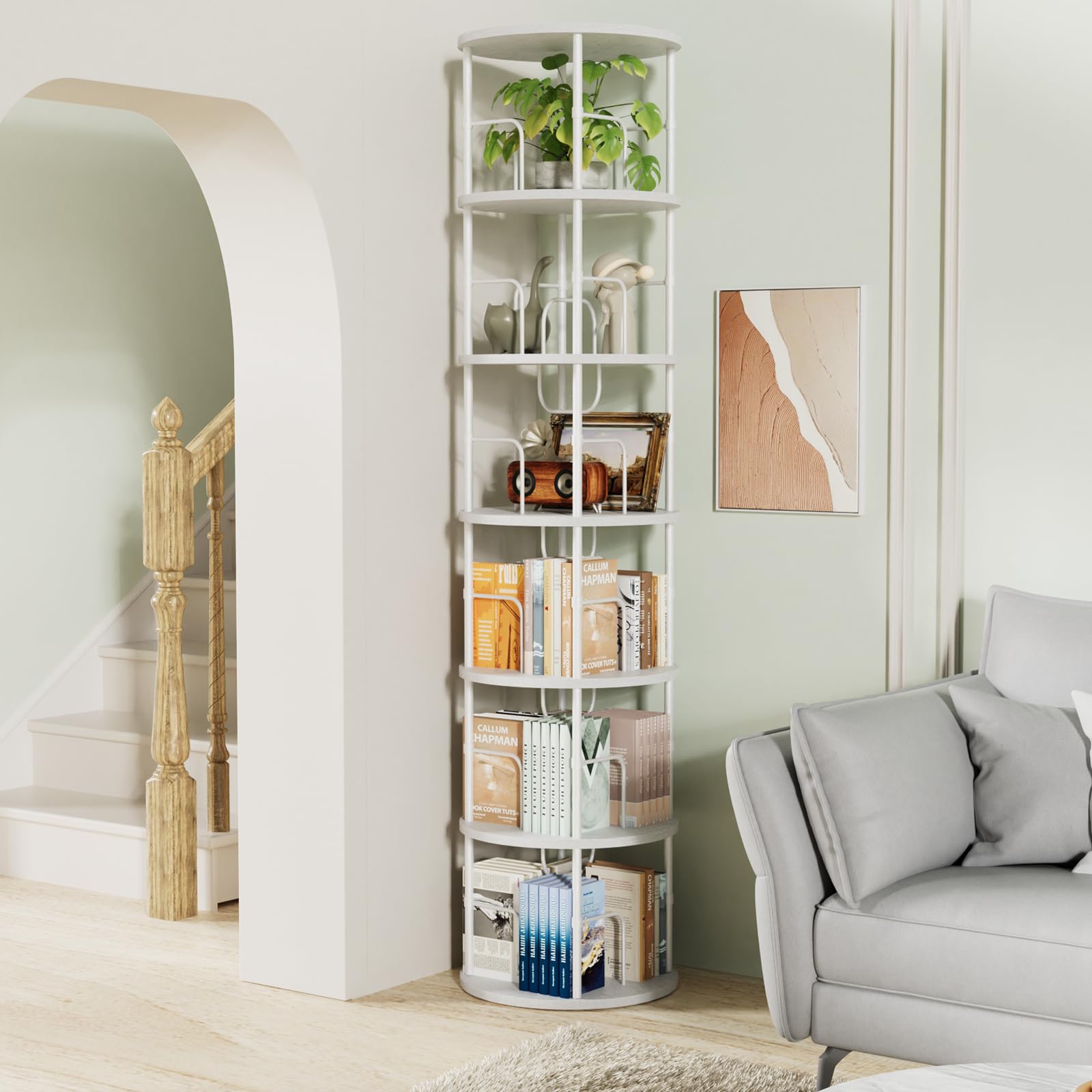 Generisch 360° Drehbares Bücherregal, Bodenstehendes Bücherschrank Aus Holz, Bookshelf Mit 6 Ebenen, Verstellbare Ebenen, Standregal, 45×45×193cm, Weiß