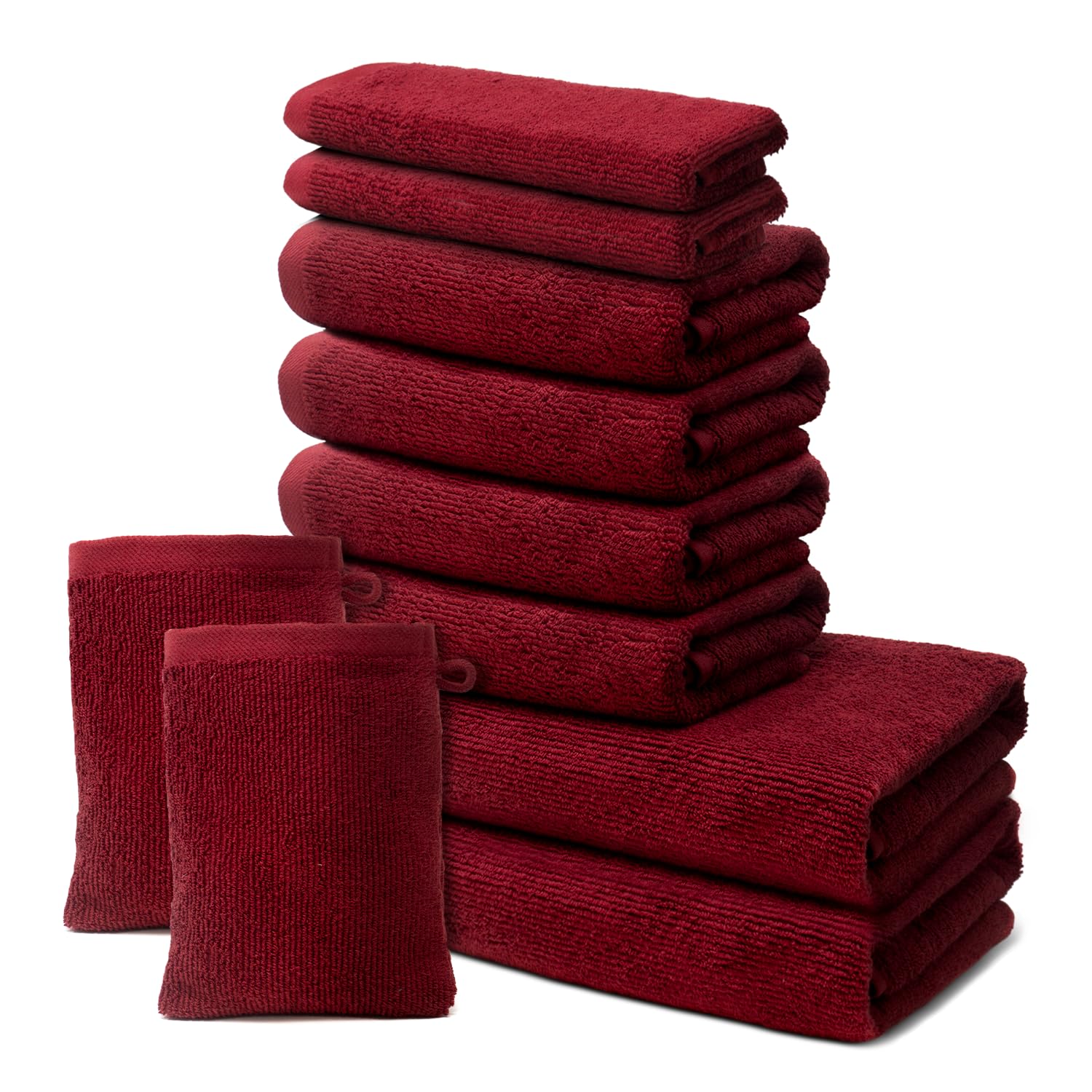 Set of 10 Bath Towels - 2 Bath Towels 70x140cm + 4 Hand Towels 50x100cm + 2 Guest Towels 30x50cm + 2 Wash Mitts 15x20cm - Premium 100% Turkish Cotton Towel - 500 GSM - Ôhm - Red