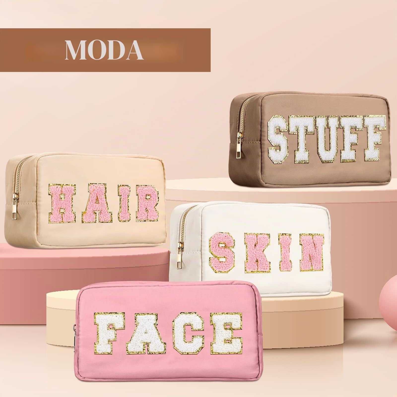 4 sacchetti per trucco preppy in ciniglia, con lettere, in nylon, con cerniera, per articoli da toeletta da viaggio, da donna