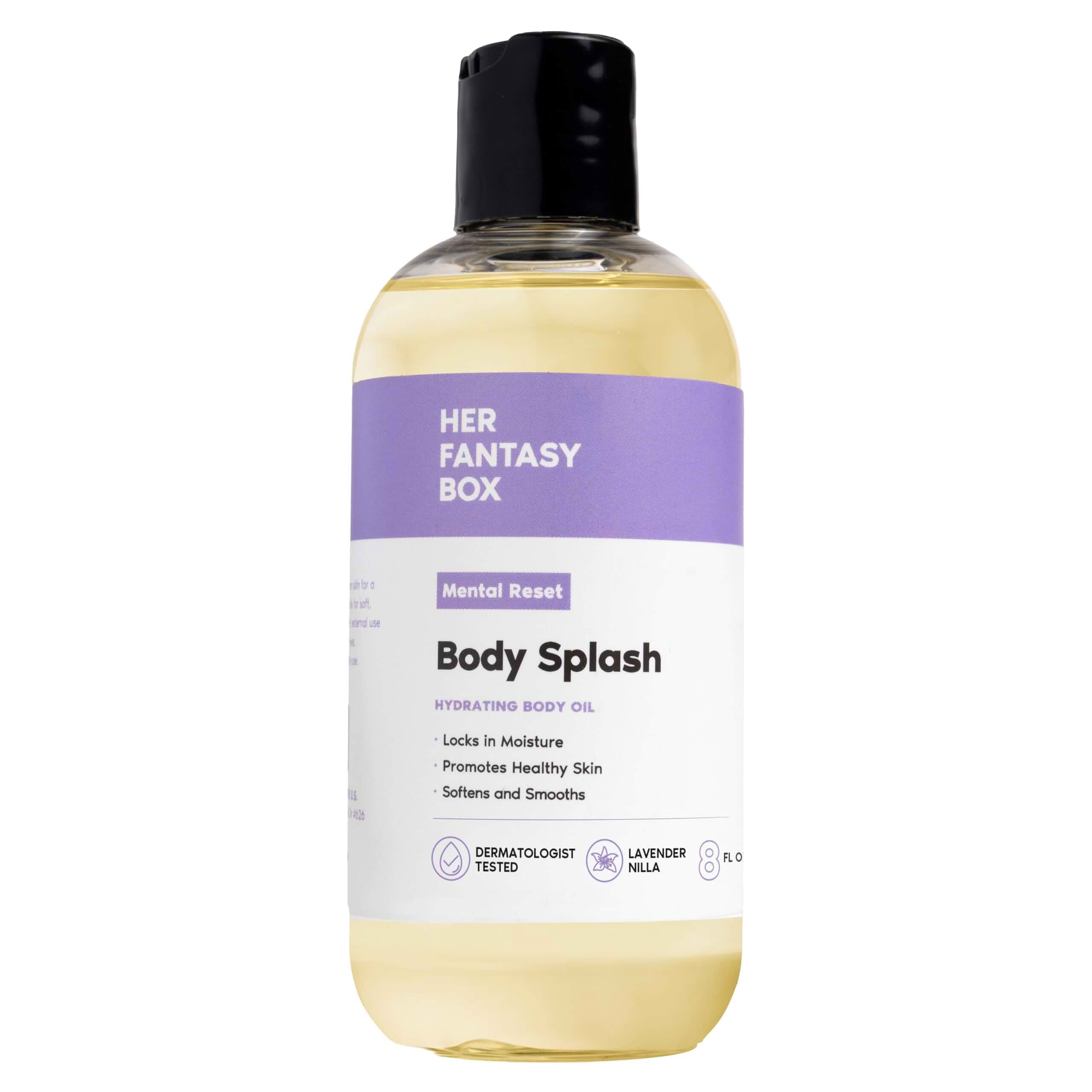 Her Fantasy Box | Body Splash Mental Reset Fragrance Oil – Lavender, Chamomile & Warm Vanilla Scent with Soft Amber & Musk, Lightweight Hydrating Body Oil, Vegan & Cruelty Free 8 Fl Oz (Pack of 1)