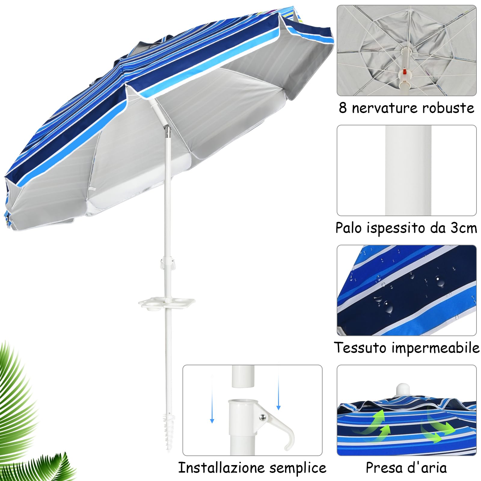 GYMAX Ombrellone da Spiaggia Inclinabile, Protezione Solare 50UV+, Ombrello Portatile con Borsa, a 8 Stecche, Ideale per Spiaggia, Campeggio, Eventi Esterni