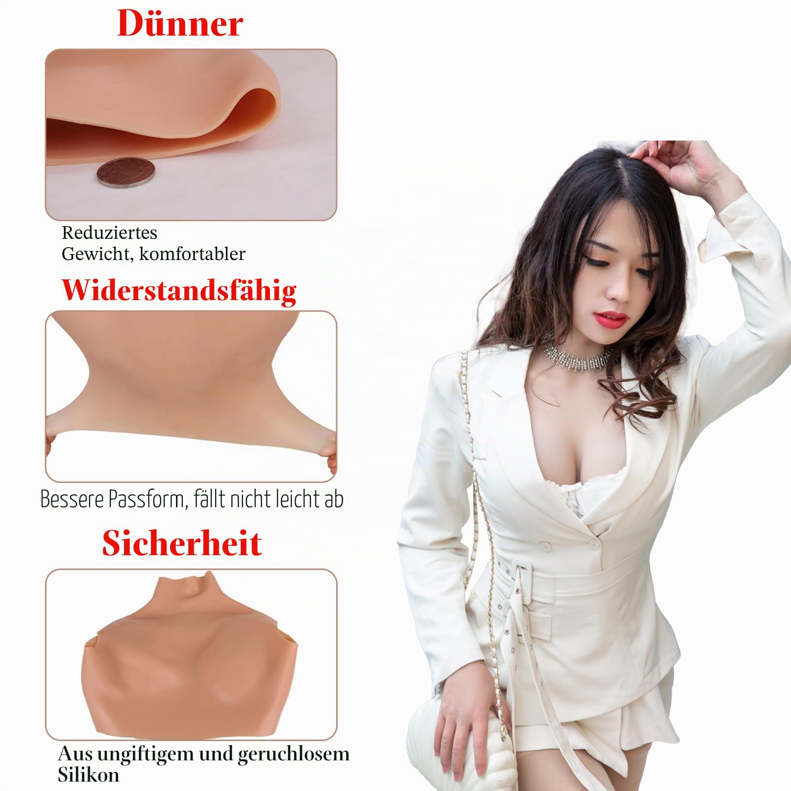 Silikonbrüste Realistische Fake Breasts Brustplatte Falsche Brüste für Cosplay Crossdresser Drag Queen (Sahne, B Cup-Silikonfüller)