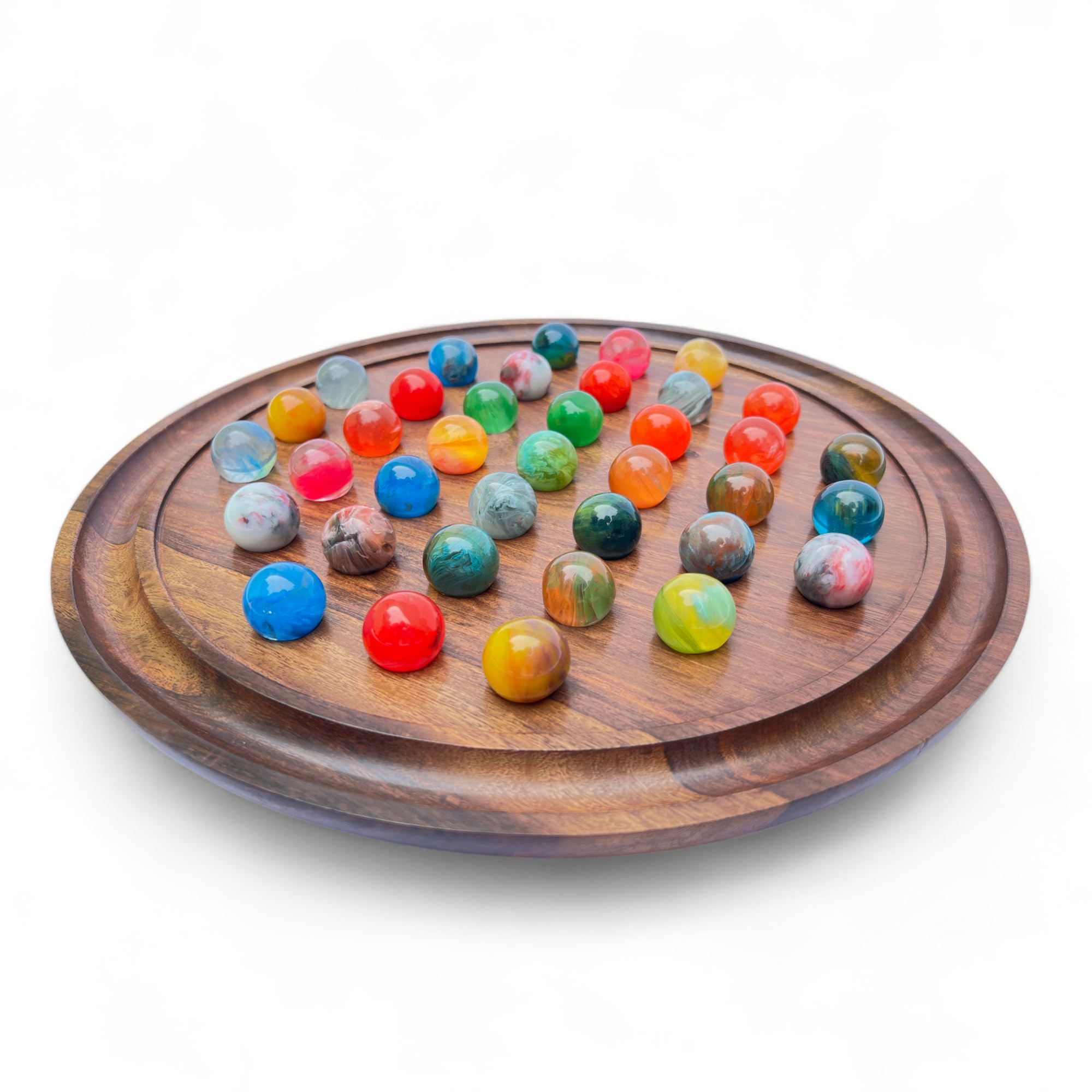 Wooden Handmade Solitaire 13" inches Board Game Set with 37 Resin Marbles, Marble Solitaire Game