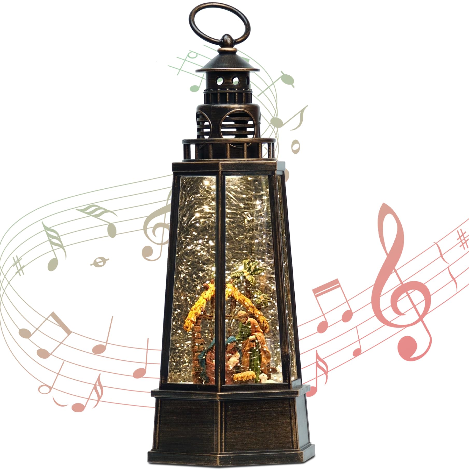 SMOOTHWIND 13.5'' Christmas Nativity Snow Globe, Retro Lighthouse Style Musical Lighted Water Lantern, Decoration with Swirling Glitter, USB Powered