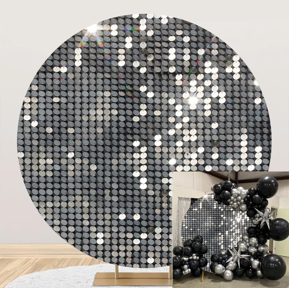 Laeacco 6.5x6.5ft Silver Discoparty Round Backdrop Shining Sequins Printed Circle Backdrop Cover Not Glitter Sequin Photography Background for