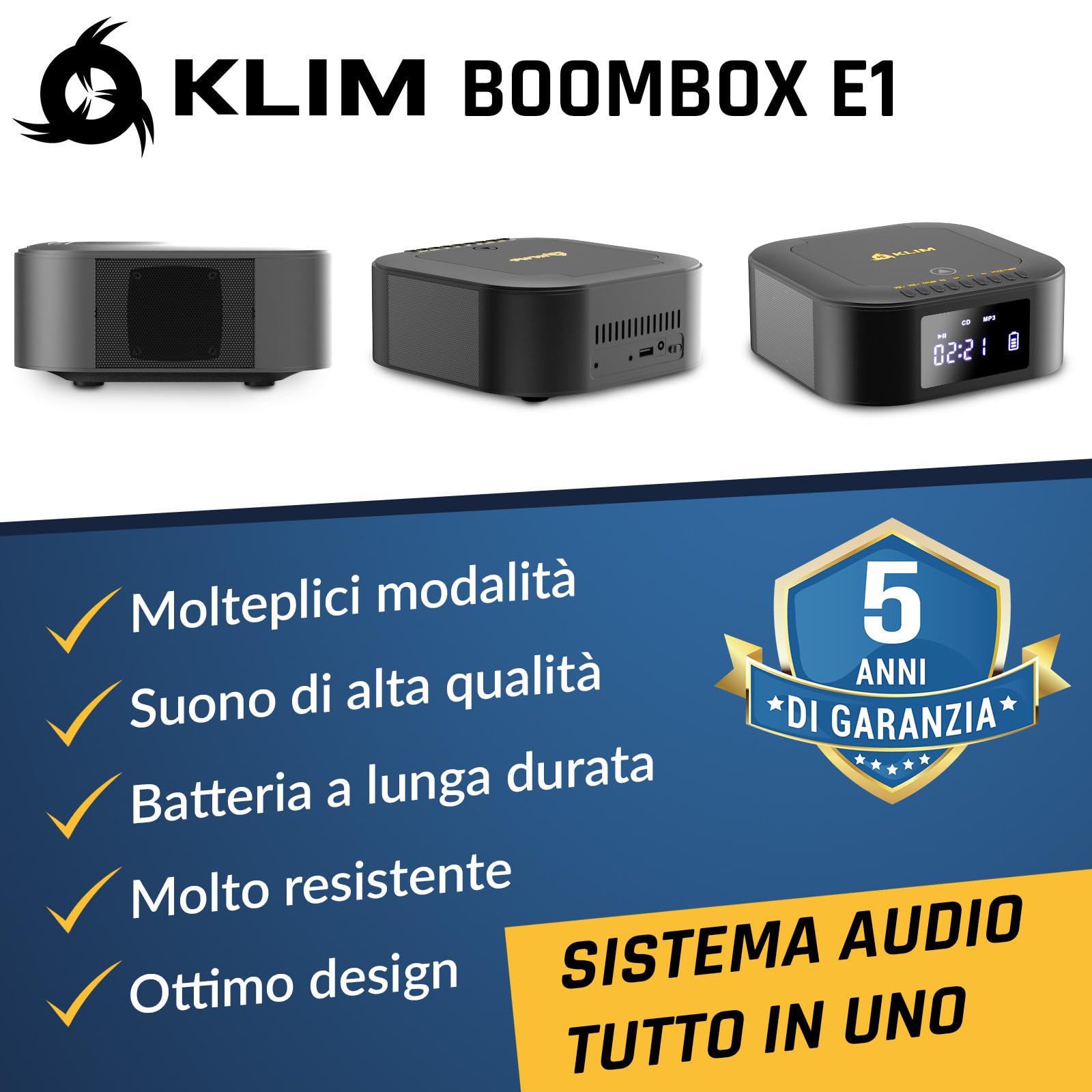 KLIM Lettore CD Stereo Boombox E1 - BASS Boost con Subwoofer - FM Radio con Lettore CD e USB, Bluetooth, AUX - Stereo casa - Filo o Wireless - Batteria ricaricabile, Telecomando - Nero/Oro