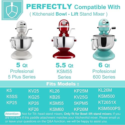 Miniatura 2 de Batidor plano compatible con KitchenAid de 5 a 6 cuartos de galón, batidora de soporte de elevación de tazón airkitrep de acero inoxidable pulido,