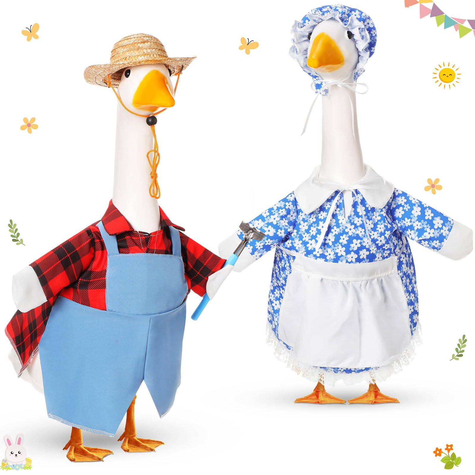 FuWeave 2 Set Porch Goose Outfit Spring Gardener Goose Clothes with Small Flower Pot for 23" Cement Outdoor Patio Yard Decor(Heart)