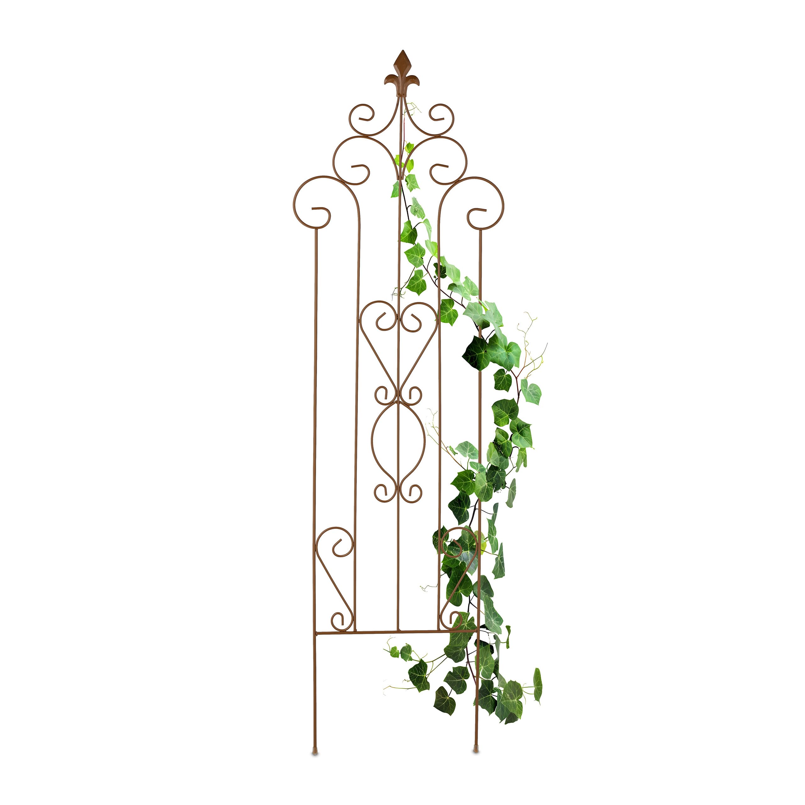 Relaxdays Metal Trellis, Vintage Design, HxW: 116 x 35 cm, Climbing Support for Plants, Push-In Stake, Brown, Steel