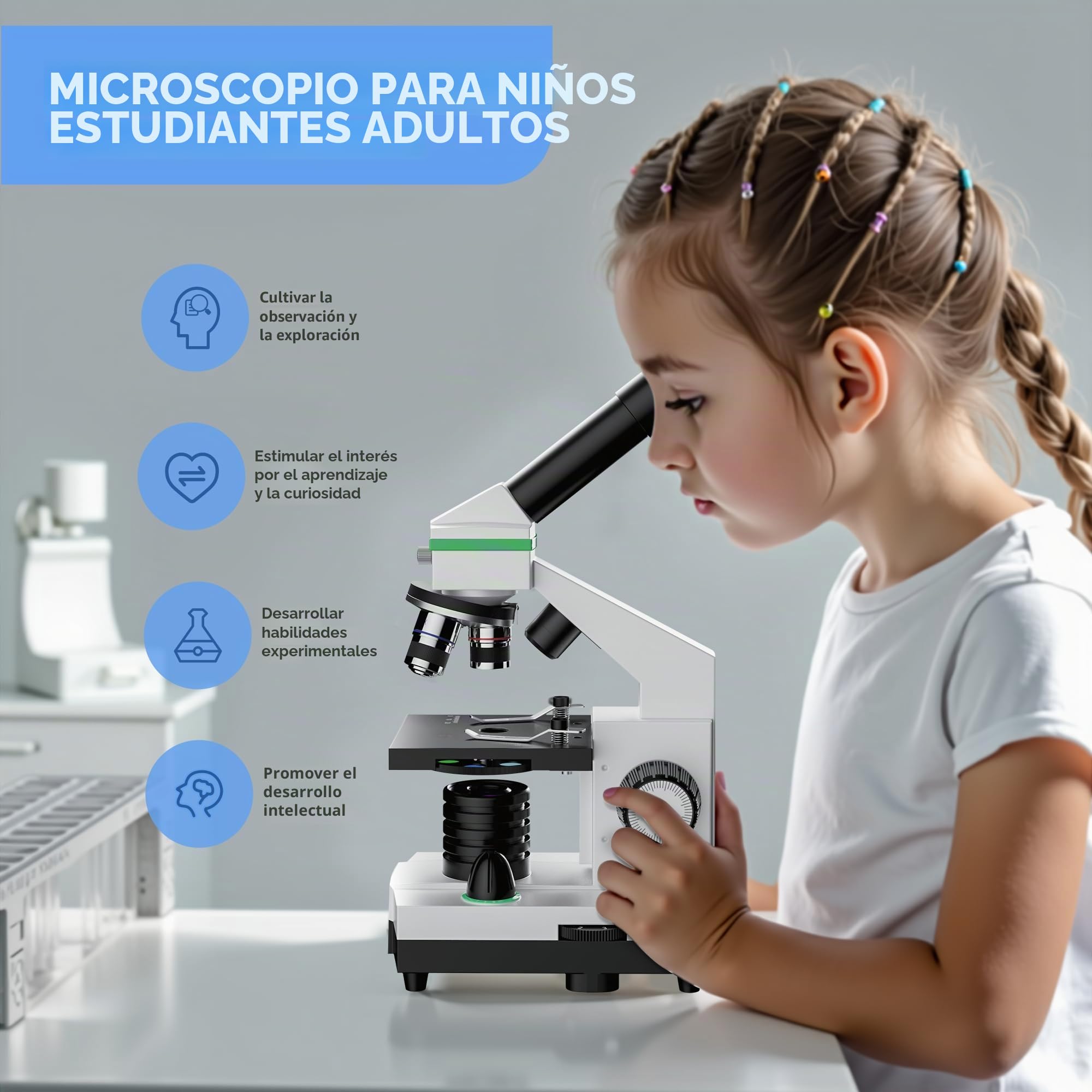 Microscopio 100X-3000X para niños y Adultos, microscopios biológicos Profesionales para Estudiantes, escuelas, Laboratorios y hogares, Accesorios completos para Principiantes.
