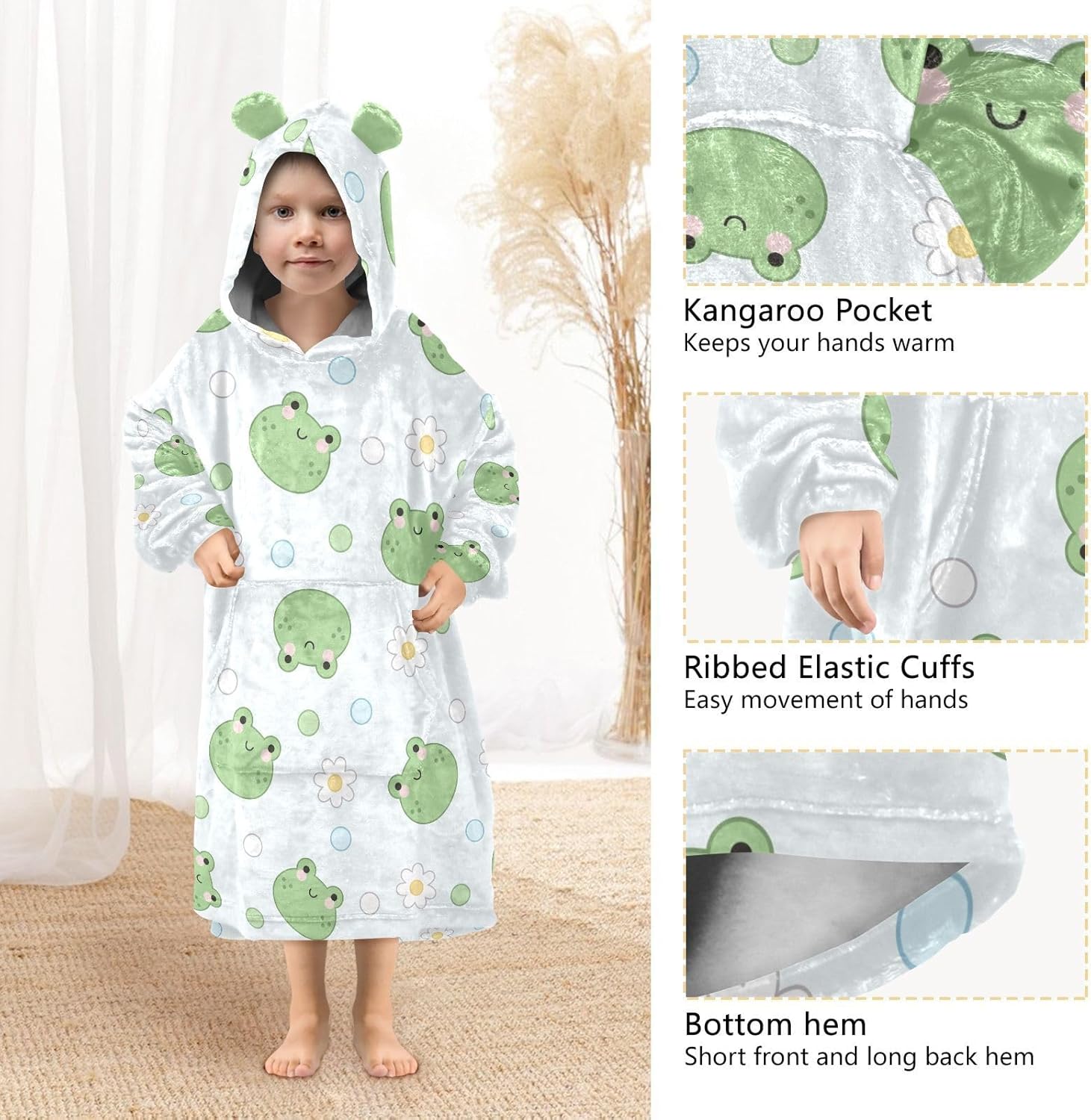 Cartoon Frogs Wearable Blanket Hoodie for Kids Oversized Sherpa Hooded Blanket Cozy Warm Gift - Image 3