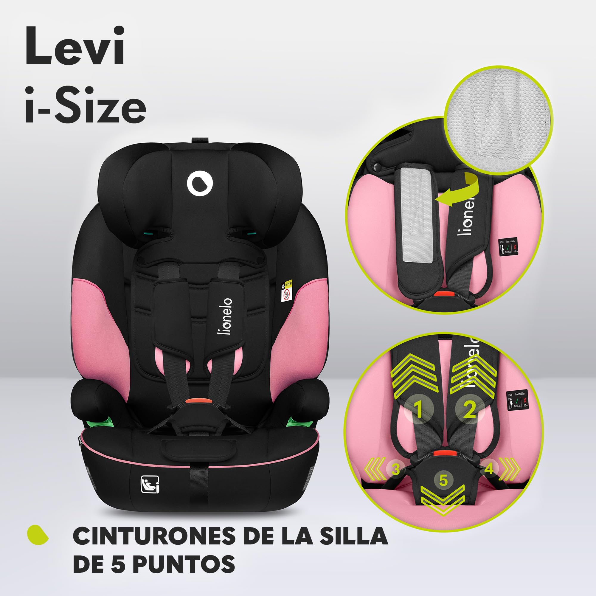 LIONELO LEVI I-SIZE Silla infantil de coche 76-150 cm, Grupo 1 2 3, Protección Lateral, Reposacabezas ajustable de 10 etapas, Reposabrazos Cómodos, Respaldo Extraíble, R129 i-Size
