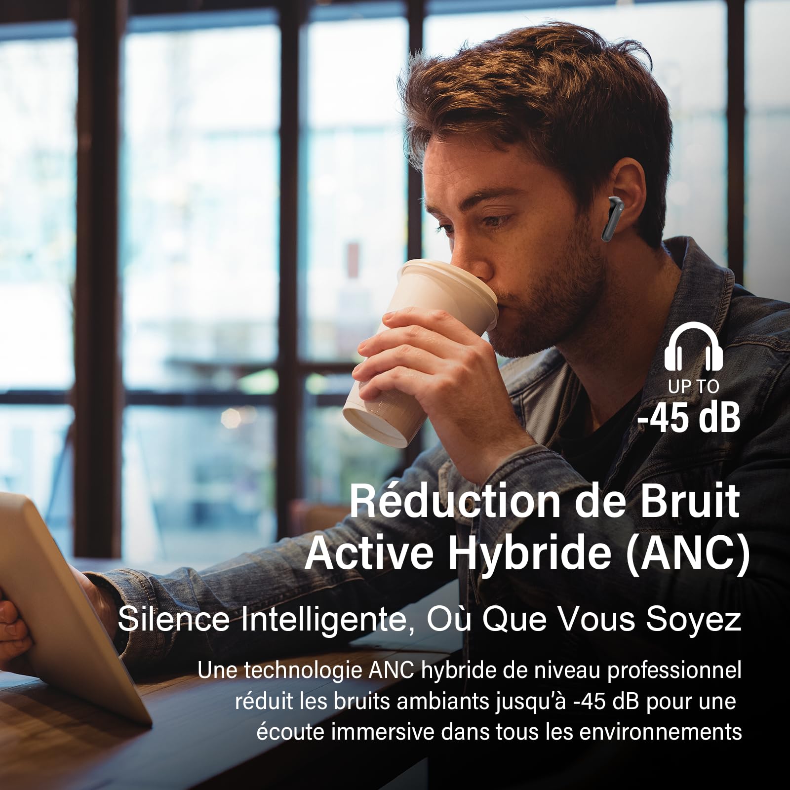 Écouteurs sans Fil Bluetooth 5.4 avec Réduction de Bruit Hybride, Hi-Res Son Stéréo, 6 Micros, 49H Autonomie, Charge sans Fil