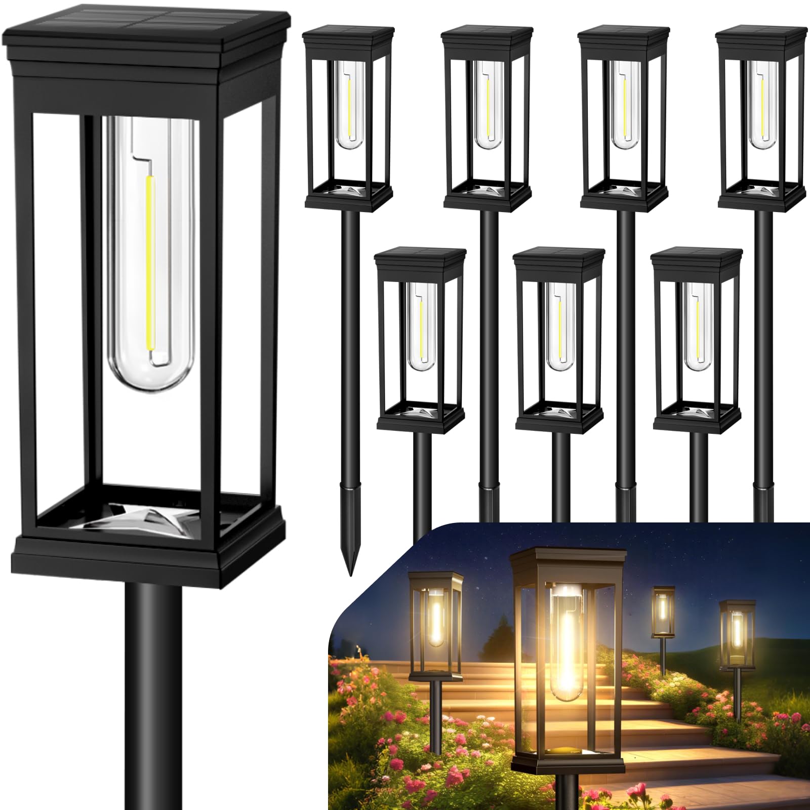 Upgraded Square Solar Pathway Lights Outdoor 8 Pack IP65 Waterproof Solar Lights Outdoor Pathway Square with Auto On