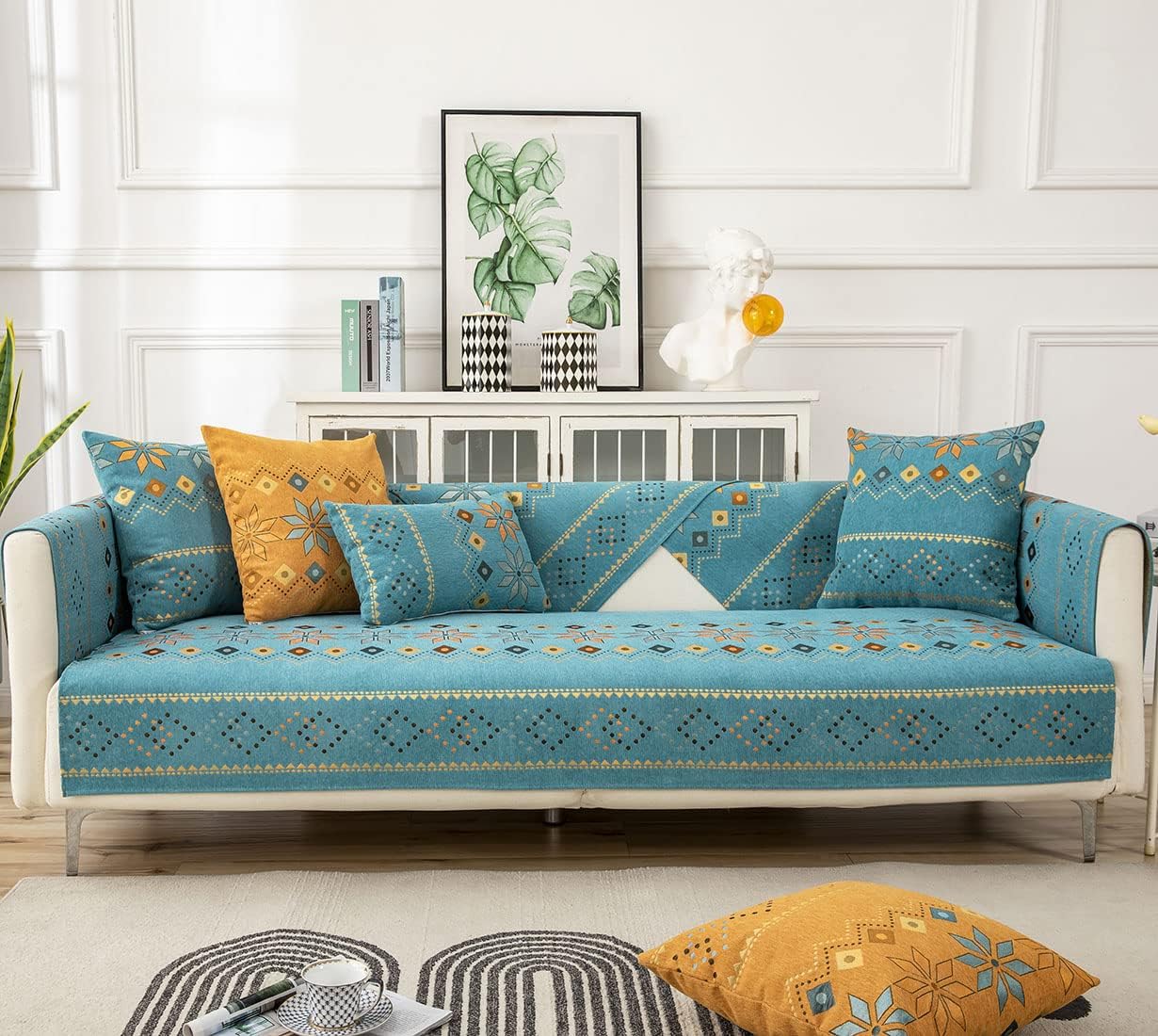 vctops Boho Geometric Jacquard Sofa Couch Cover Super Soft Chenille Sectional Couch Cover Non Slip Sofa Slipcover for Dogs, Children, Pets Furniture Protector (Lake Blue,43"x43")
