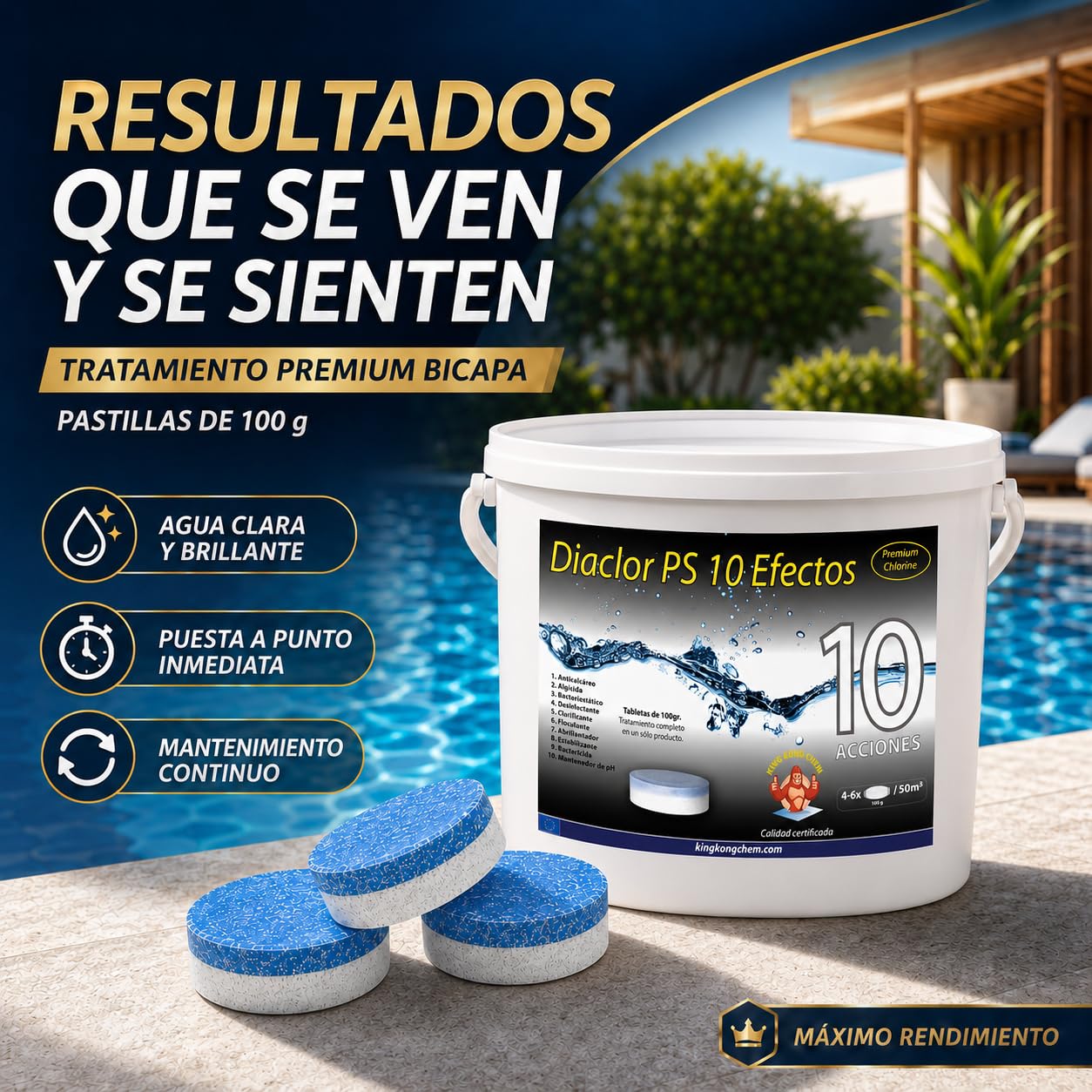 Cloro Total para Piscinas DIACLOR PS 10 Efectos 3 KG - 30 Pastillas de Cloro Multiacción (100 gr) - Tratamiento Completo Profesional 10 Acciones -