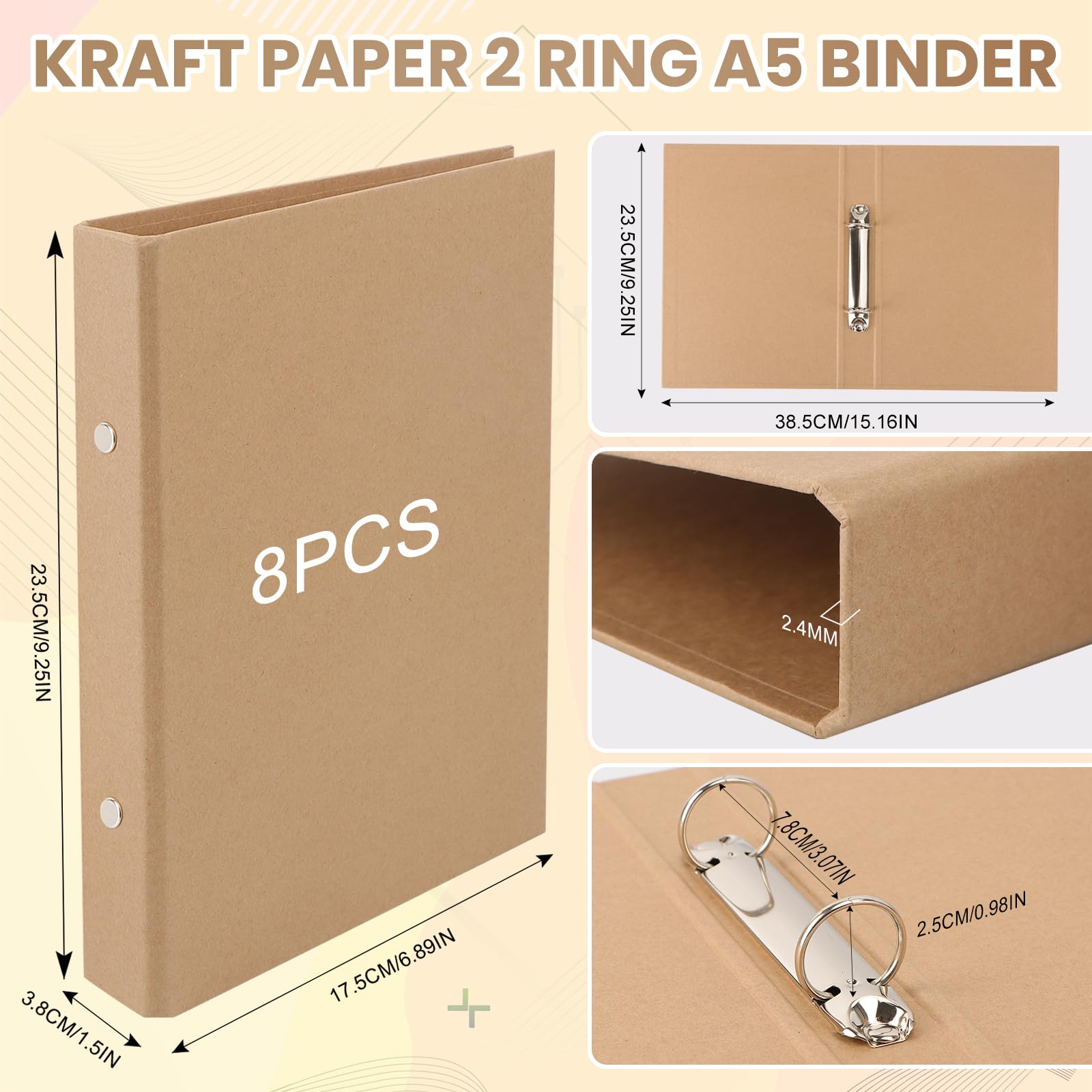 8 raccoglitori ad anelli A5, in carta kraft ricaricabile, formato A5, con 2 anelli, 17,5 x 23,5 cm, con 2 adesivi, per diari di viaggio, libri aziendali, uffici