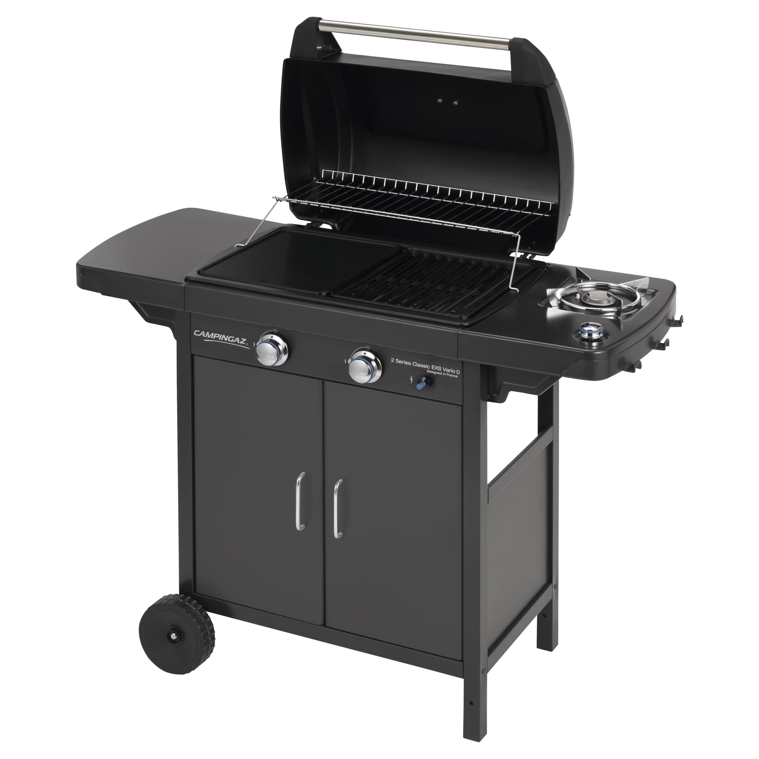 Campingaz 2 Series Classic EXS Vario Barbecue à gaz avec 2 brûleurs, 7,5 KW de Puissance, Grill et Plaque en Fonte, 1 Table latérale, 10 litres, Noir/Gris