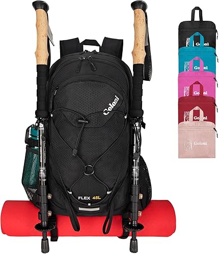 Mochila de senderismo de 45 L con cubierta para lluvia, mochila de campamento plegable ligera para senderismo, resistente al agua con poste de
