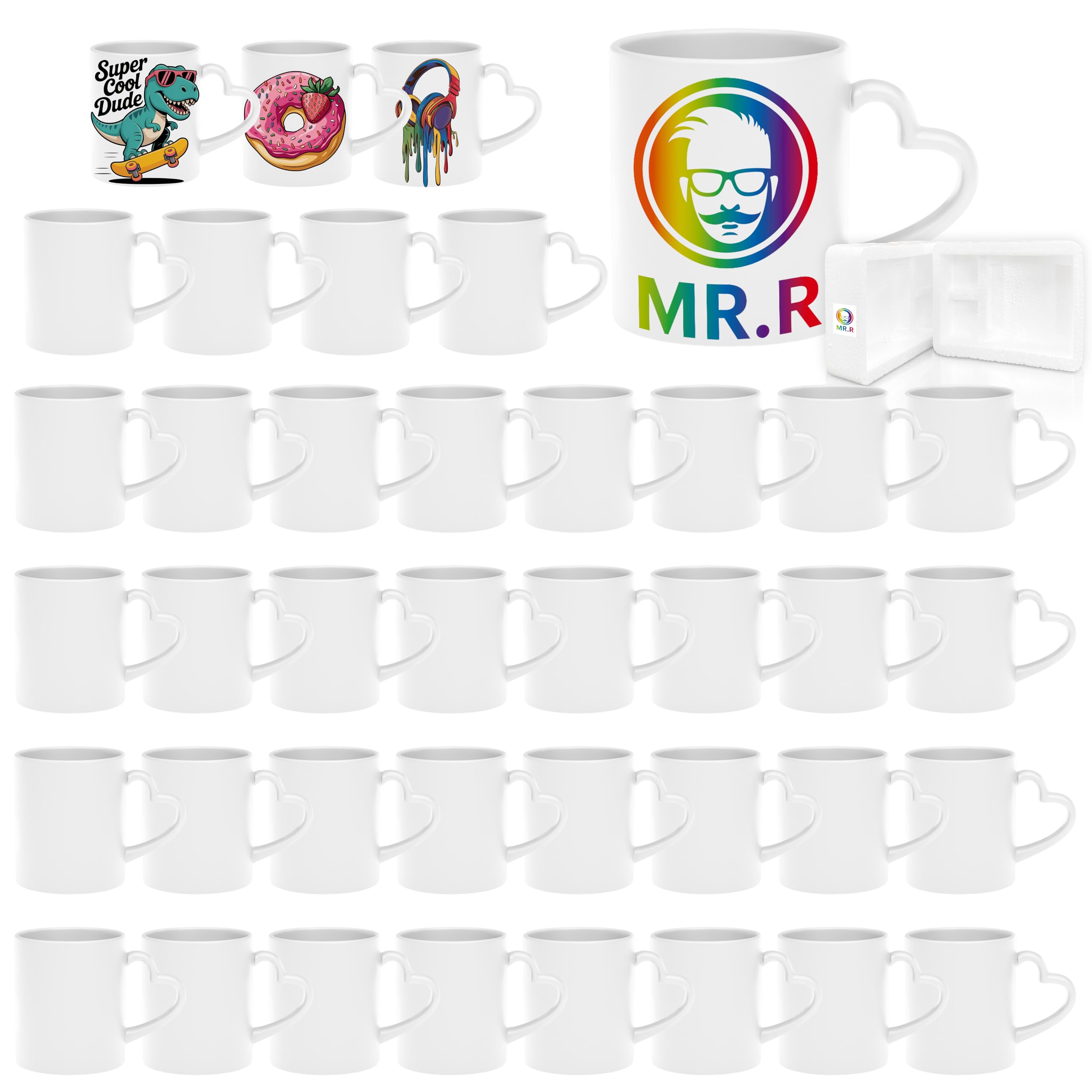 MR.R Set of 48 Sublimation Blanks Dishwasher White Ceramic Coffee Mugs 11oz Blank Ceramic Classic Drinking Cup Mug with Heart Handle for Milk Tea Cola Water