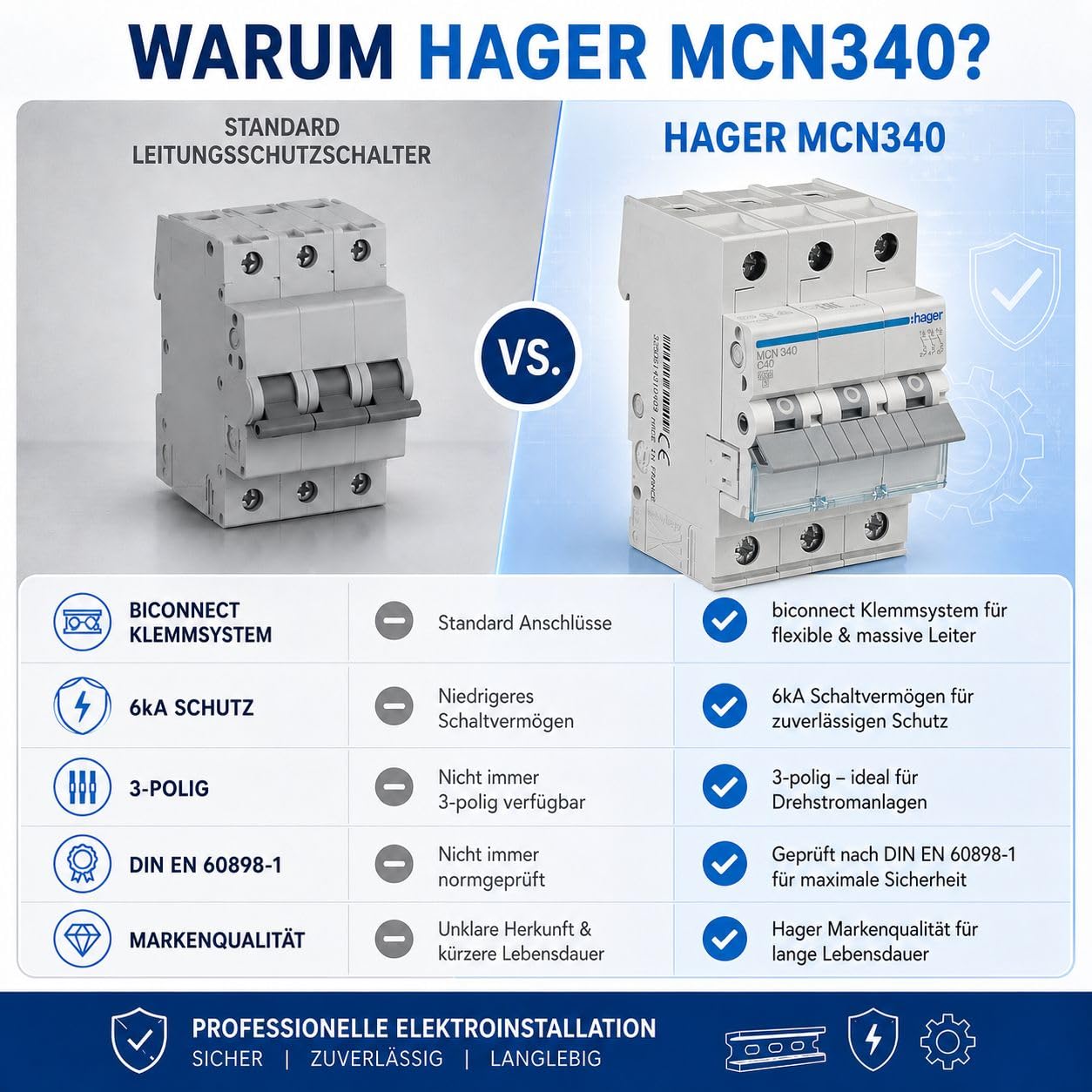HAGER MCN340 Leitungsschutzschalter 40A 3-polig, C-Charakteristik, 6kA Sicherungsautomat für Drehstrom, biconnect Klemmsystem, 3 Module, 230/400V AC, nach DIN EN 60898-1, IP20