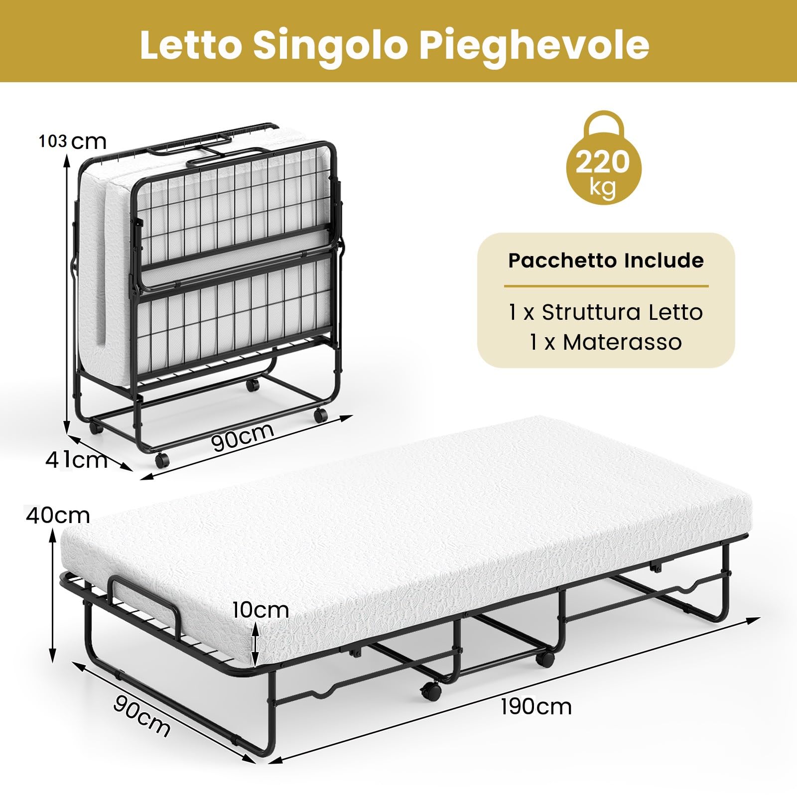 COSTWAY Letto Pieghevole con Materasso, Letto Singolo Pieghevole per Ospiti con Memory Foam e Struttura in Metallo, Brandina con Ruote, 190 x 90 cm, Carico 220 kg