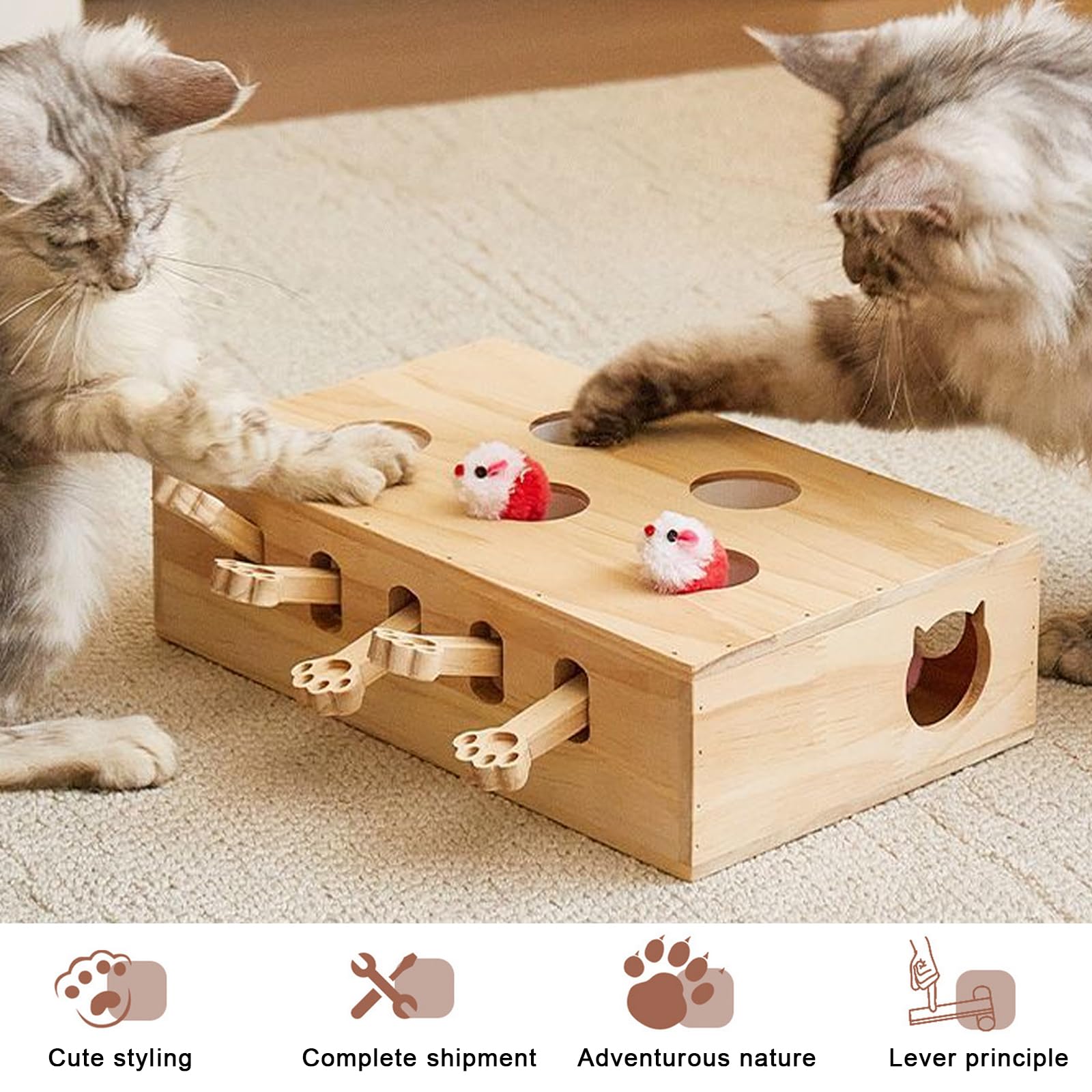 Juguete interactivo para gatos, 5 agujeros, ratones, un topo de ratón, juguete de madera para gatos, caza, juego, entrenamiento para rascarse (color madera)