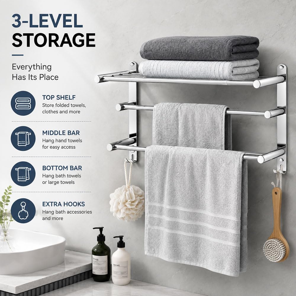 Toallero de Pared 3 Niveles Extensible, Retráctil 43-76 cm