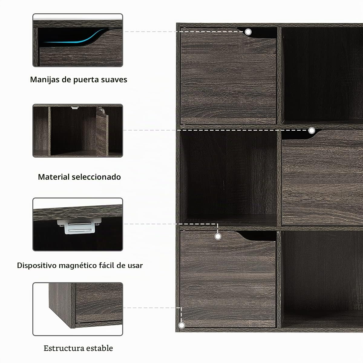 KOMFOTTEU Estantería con 9 Compartimentos de 3 Niveles, Librería de Madera con Puertas, Mueble de Almacenamiento de Pie con Cierre Magnético para Estudio, Oficina, Salón, 90 x 29 x 90 cm (Gris)