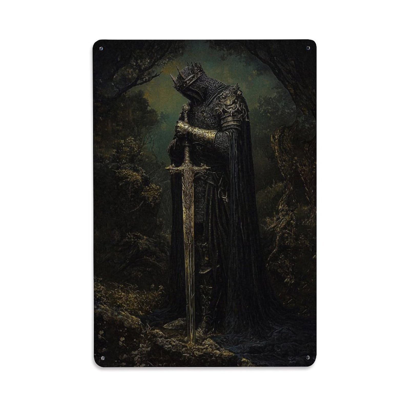 Dark Knight Epic Medieval Fantasy Armor Spiritual Symbol Metal Tin Sign Plaque Wall Decor for Cafe, Man Cave, Club Bar, Office, Home Garden Round Metal Poster 8x12Inch